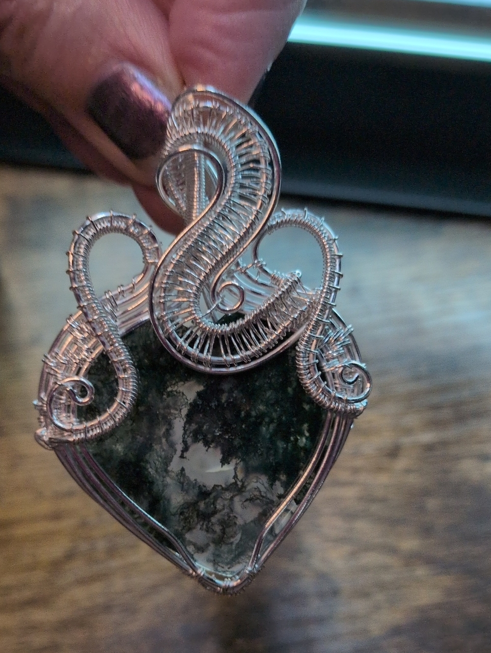 Handcrafted Silver Wire Moss Agate Pendant - Elegant Green Stone Necklace
